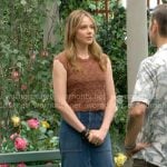 Tessa’s brown pointelle knit top and denim skirt on The Young and the Restless