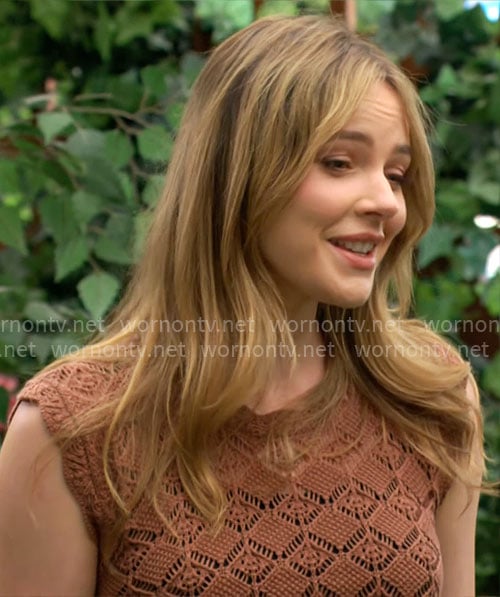 Tessa’s brown pointelle knit top on The Young and the Restless