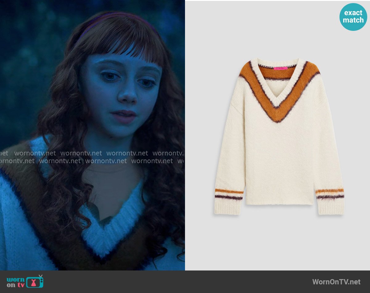 The Elder Statesman Big Varsity Stripe alpaca-blend sweater worn by Agnes Demille (Evie Templeton) on Wednesday
