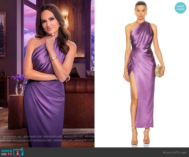 The Sei Asymmetrical Drape Dress in Amethyst worn by Meredith Marks on The Real Housewives of Salt Lake City