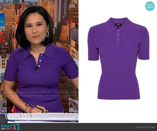 Theory Ribbed Compact Crepe Short-sleeve Polo Shirt in Bright Peony worn by Vicky Nguyen on NBC News Daily