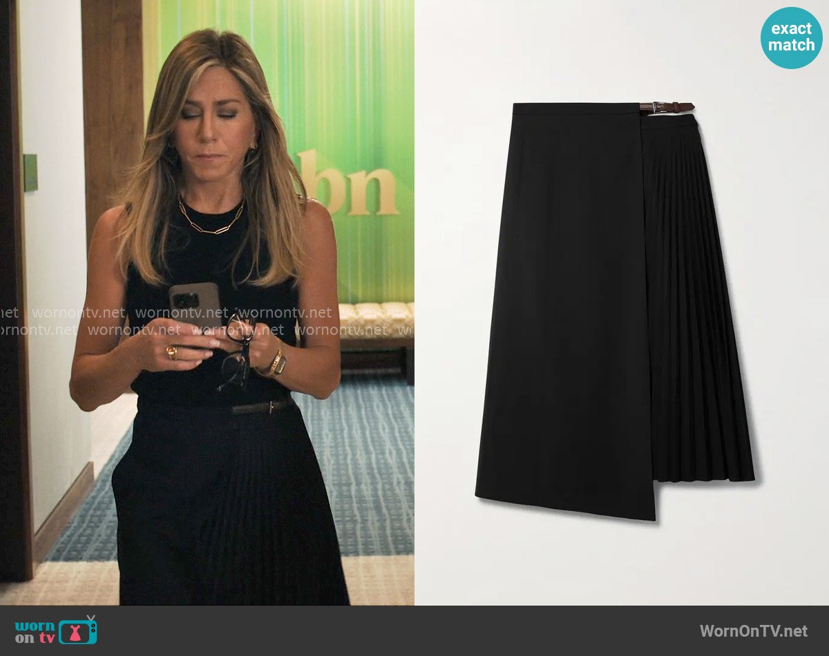 Tibi Tropical Wool Pleated Wrap Skirt with Leather Belt worn by Alex Levy (Jennifer Aniston) on The Morning Show