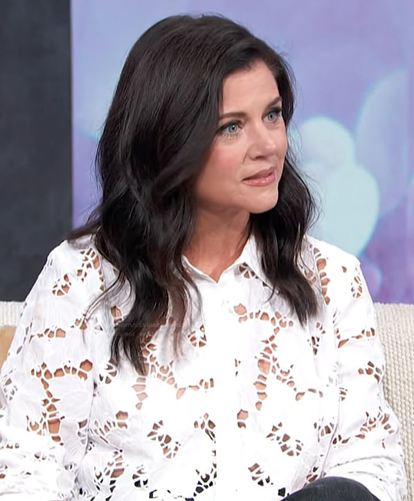 Tiffany Thiessen's white lace top on Access Hollywood