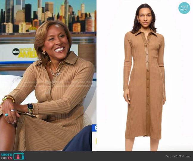 Toccin x RTR Camel Variegated Rib Knit Leather Combo Dress worn by Robin Roberts on Good Morning America