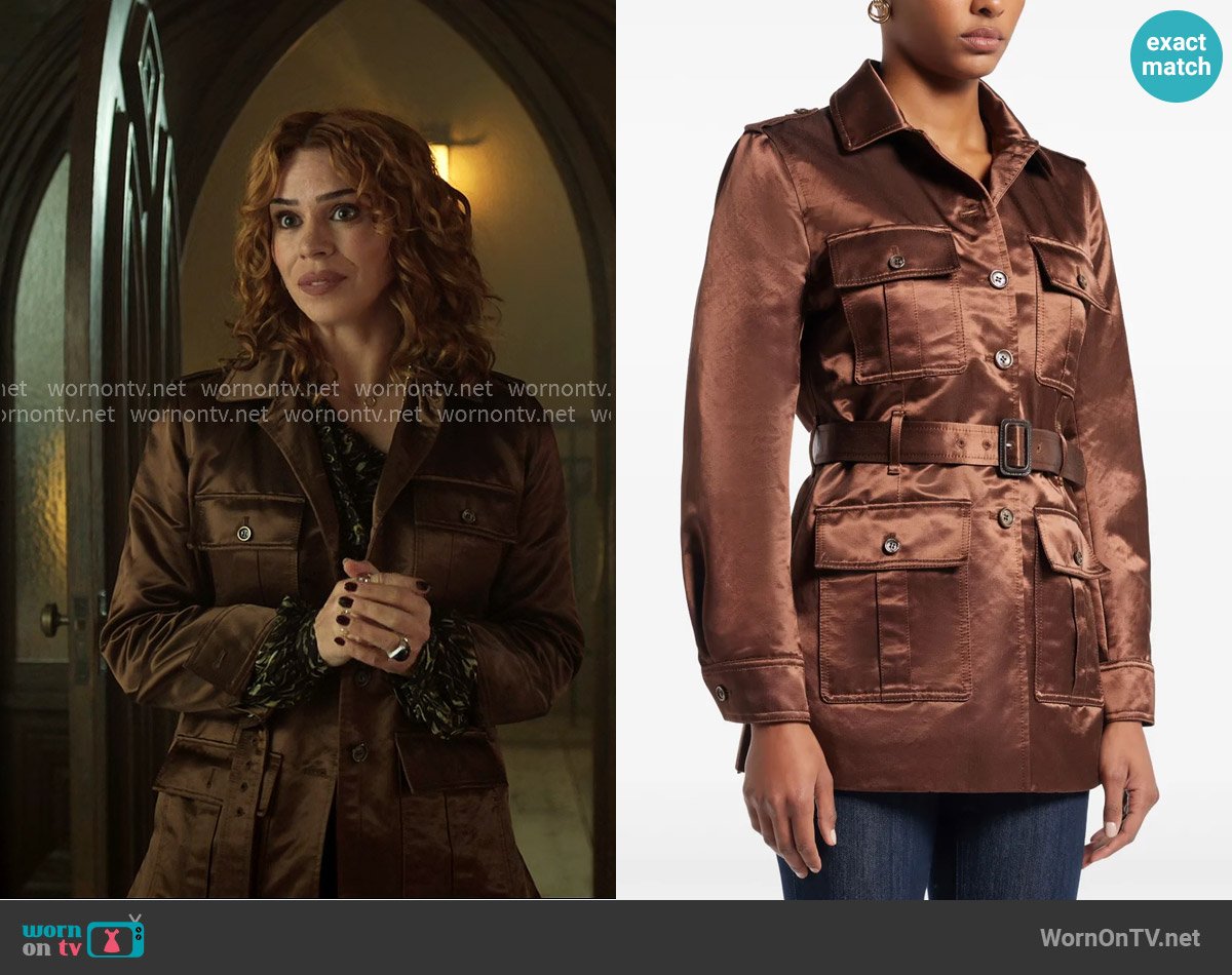Tom Ford Satin Belted Jacket worn by Isadora Capri (Billie Piper) on Wednesday