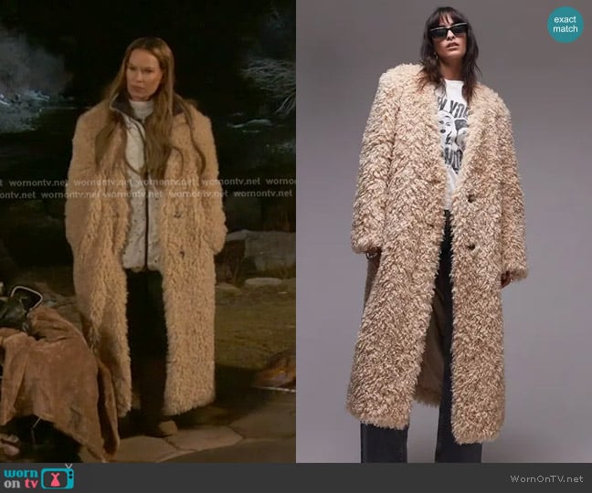 Topshop Faux Fur Collarless Long Coat in Honey-brown worn by Britani Bateman on The Real Housewives of Salt Lake City