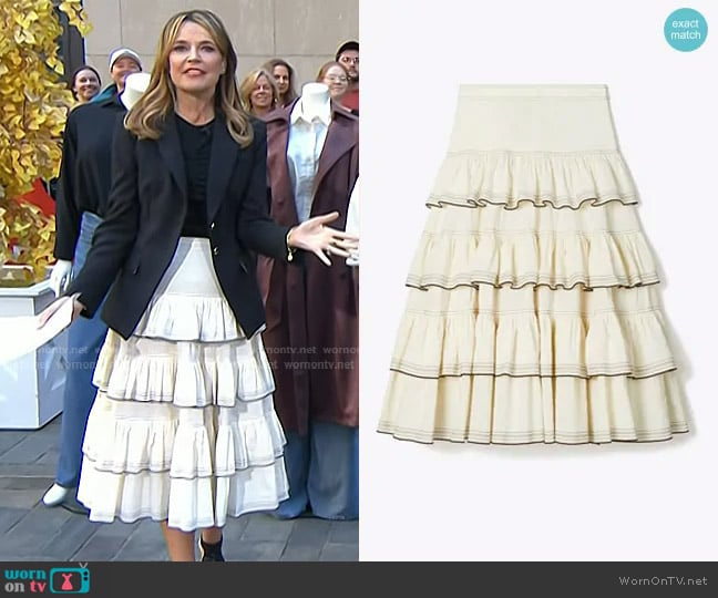 Tory Burch Ruffle Cotton Skirt in Biscuit worn by Savannah Guthrie on Today