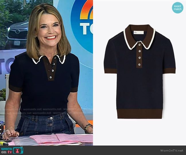 Tory Burch Viscose Pointelle Sweater in Tory Navy worn by Savannah Guthrie on Today
