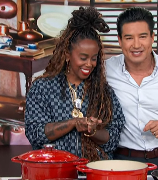 Toya's denim check print jacket on Access Hollywood