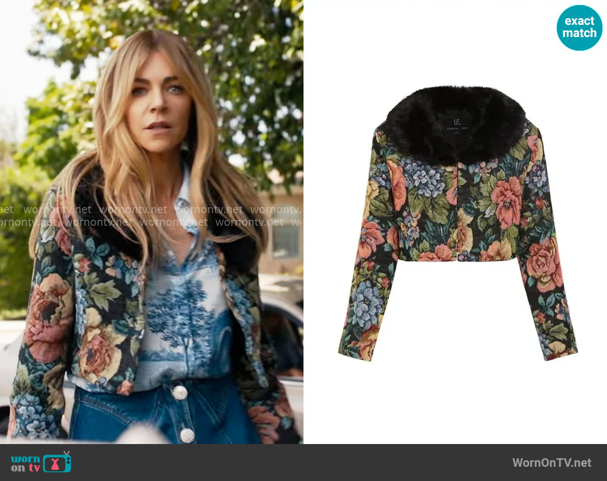 Unreal Fur Monarch floral-print cropped jacket worn by Morgan Gillory (Kaitlin Olson) on High Potential