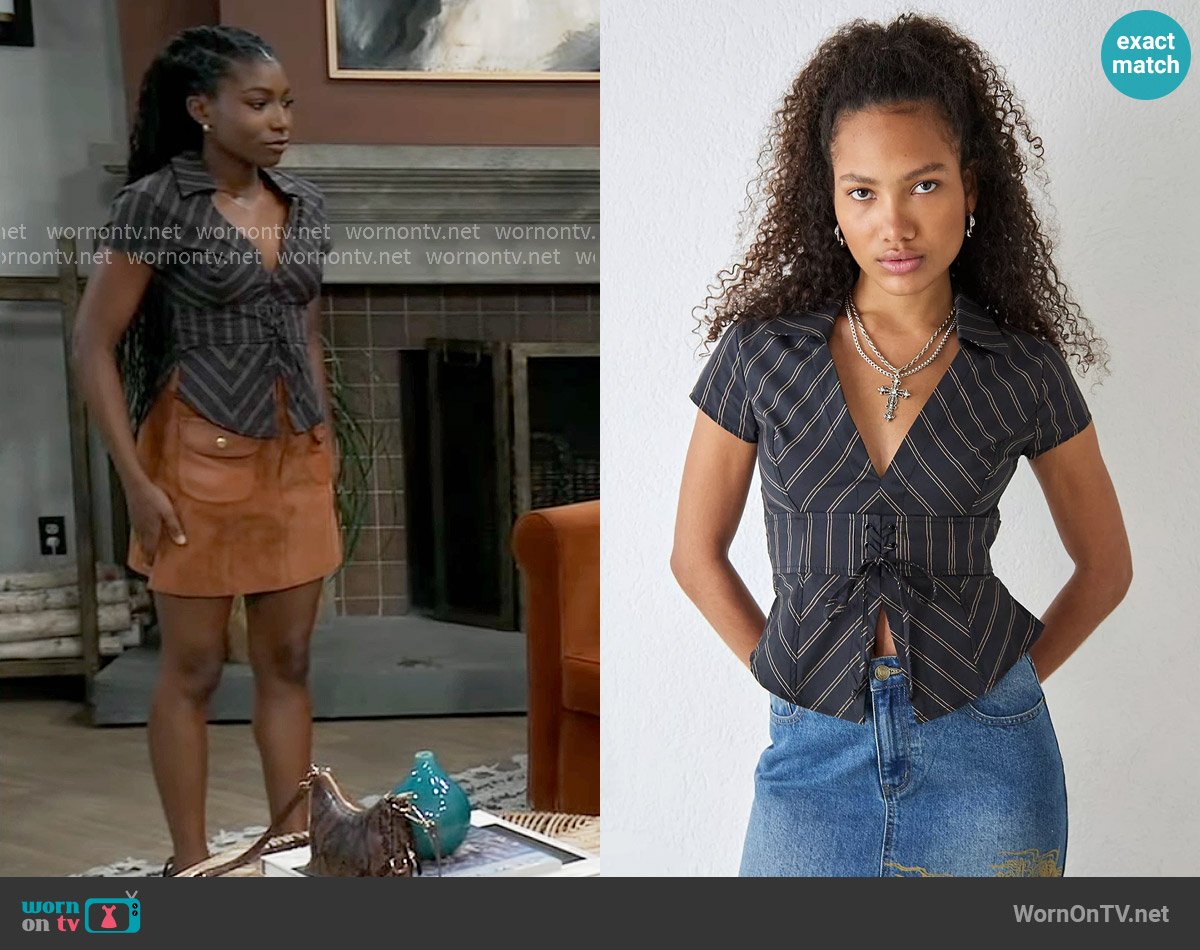 Urban Outfitters Carmella Pinstripe Corset Shirt worn by Trina Robinson (Tabyana Ali) on General Hospital