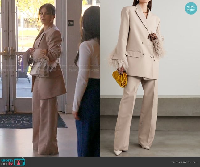 Valentino Garavani Oversized Double-breasted Feather-trimmed Blazer and Pants worn by Stephanie Shojaee (Stephanie Shojaee) on The Real Housewives of Miami