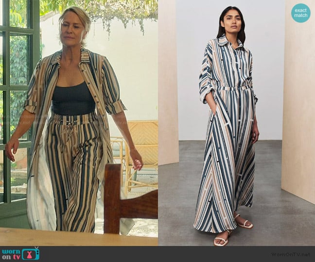 Varana Printed Habotai Silk Ryka Maxi Shirt Dress worn by Laura Sanderson (Robin Wright) on The Girlfriend