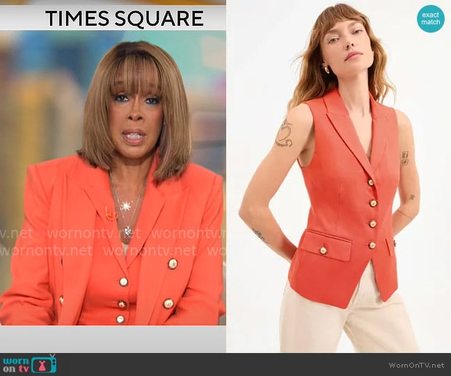 Veronica Beard Benny Linen Vest in Persimmon worn by Gayle King on CBS Mornings