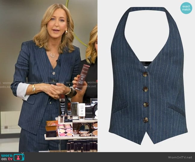Veronica Beard Benny Pinstripe Vest in Blue Dove worn by Lara Spencer on Good Morning America