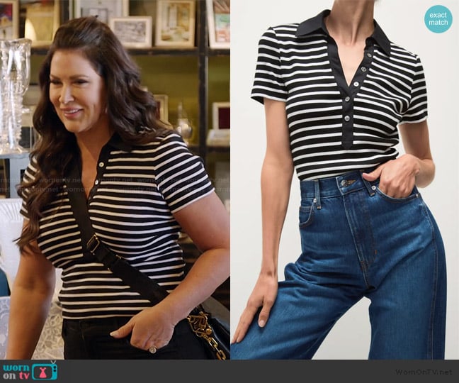 Veronica Beard Kearney Stripe Stretch Cotton Polo worn by Emily Simpson on The Real Housewives of Orange County