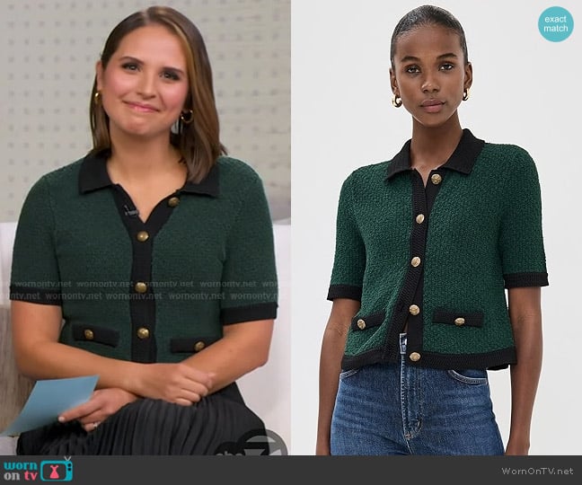 Veronica Beard Marie Cardigan in Pine/Black worn by Elizabeth Schulze on Good Morning America