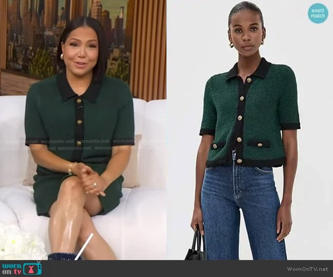 Veronica Beard Marie Cardigan in Pine/Black worn by Stephanie Ramos on Good Morning America