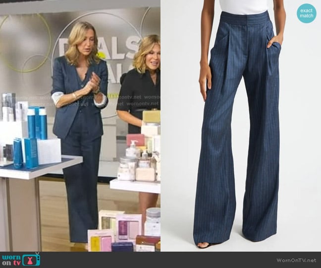 Veronica Beard Rimini Pinstripe Linen Blend Wide Leg in Blue Dove worn by Lara Spencer on Good Morning America