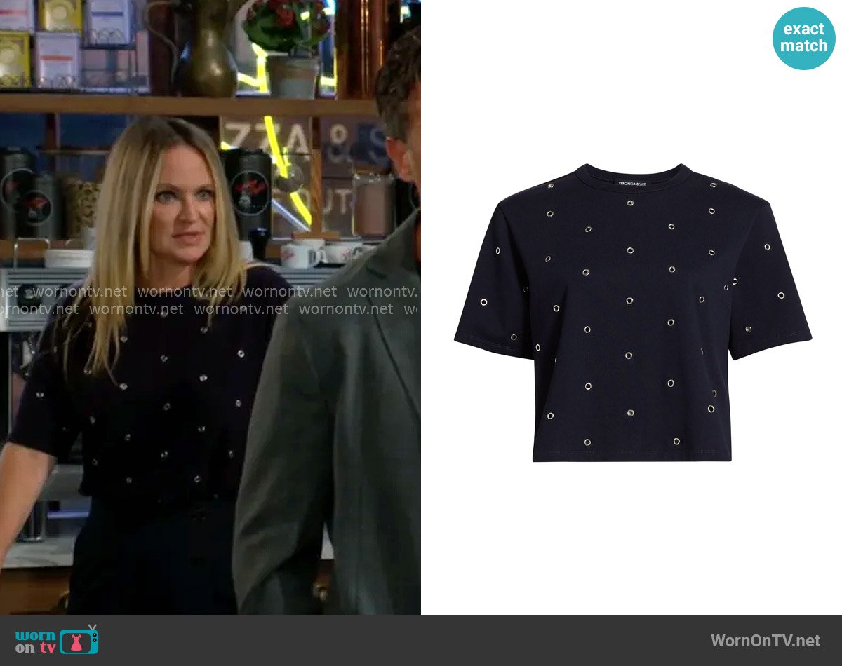 Veronica Beard Sebastian Studded Cotton Top worn by Sharon Newman (Sharon Case) on The Young and the Restless