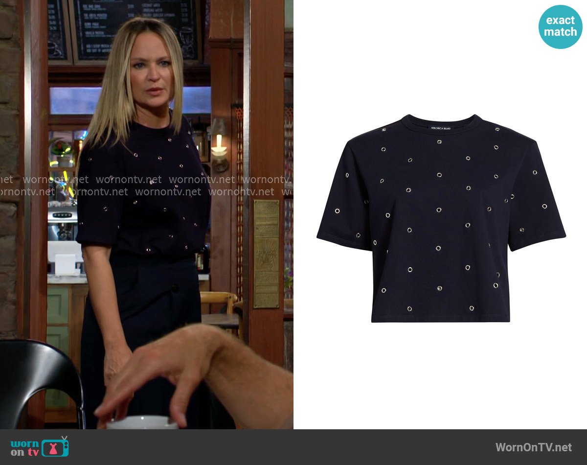 Veronica Beard Sebastian Studded Cotton Top worn by Sharon Newman (Sharon Case) on The Young and the Restless