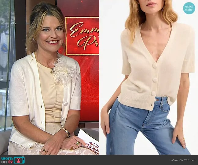 Veronica Beard Solene Short Sleeve Cashmere Cardigan in Ivory worn by Savannah Guthrie on Today