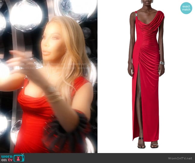 Versace Draped Liquid Jersey Gown in Lipstick Red worn by Lisa Hochstein (Lisa Hochstein) on The Real Housewives of Miami