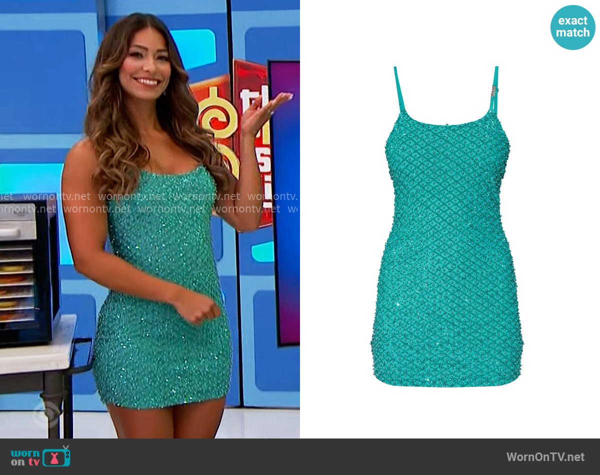 Versace Jeans Couture Rhinestone-embellished mini dress worn by Manuela Arbeláez on The Price is Right