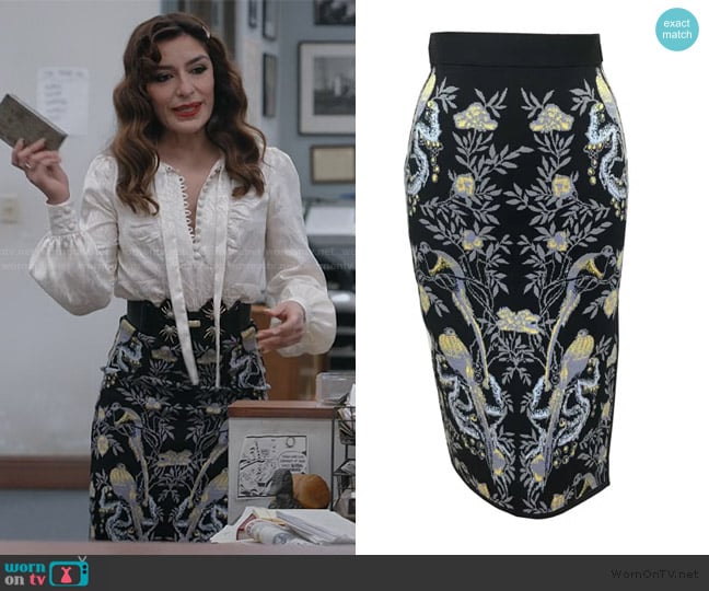 Viavai Anna Bird Jacquard Skirt In Black worn by Esmeralda Grand (Sabrina Impacciatore) on The Paper