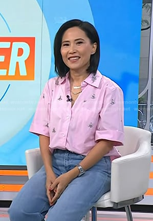 Vicky’s pink embellished short sleeve shirt on Today