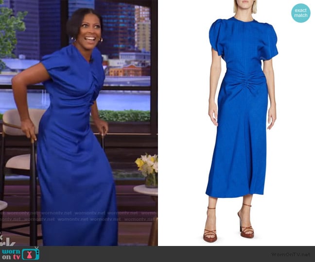 Victoria Beckham Crinkled Gathered-Waist Midi-Dress worn by Tamron Hall on Live with Kelly and Mark