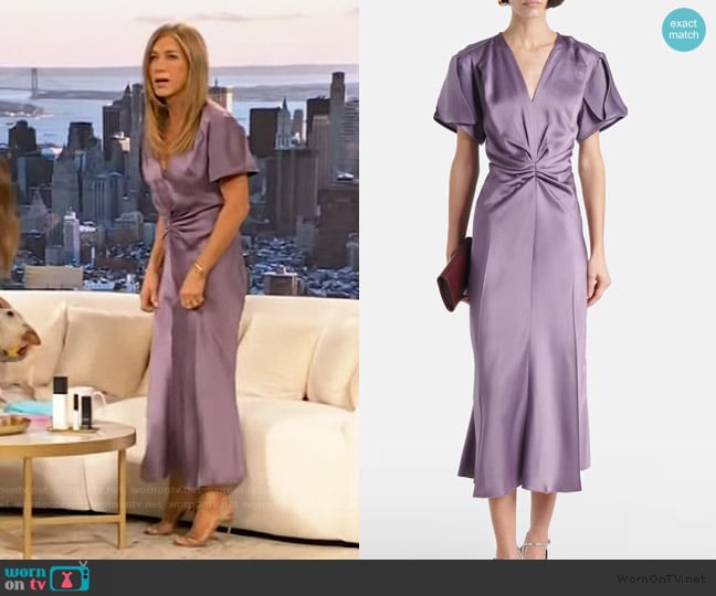 Victoria Beckham Gathered satin midi dress worn by Jennifer Anderson on The Drew Barrymore Show