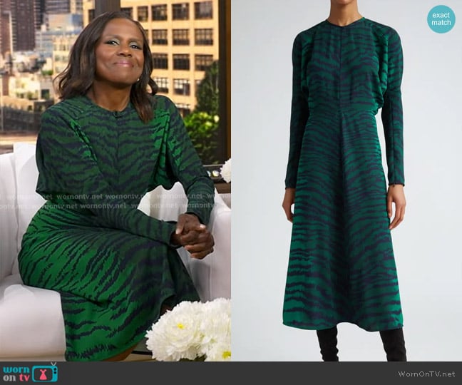 Victoria Beckham Tiger Print Long Sleeve Midi Dress worn by Deborah Roberts on Good Morning America