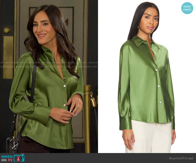 Vince Bias Long Sleeve Blouse in Sycamore worn by Gabi Hernandez (Cherie Jimenez) on Days of our Lives