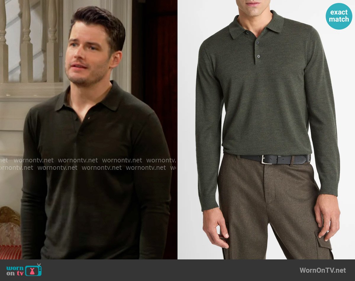 Vince Long Sleeve Merino Wool Polo in Dark Leaf worn by Kyle Abbott (Michael Mealor) on The Young and the Restless