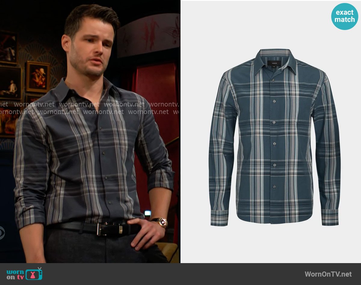 Vince Lorimer Shirt in Harbor Blue Combo worn by Kyle Abbott (Michael Mealor) on The Young and the Restless