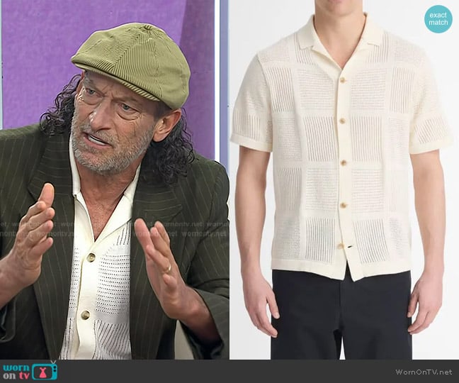 Vince Patchwork Pointelle Short Sleeve Cardigan in Classic Cream worn by Troy Kotsur on Today