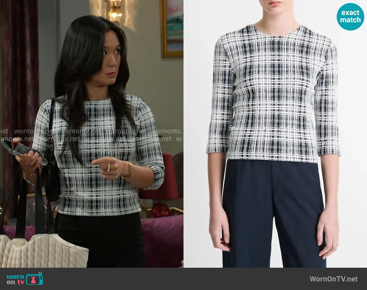 Vince Plaid Bouclé Sweater worn by Caroline Lee (Ellie Wang) on Beyond the Gates