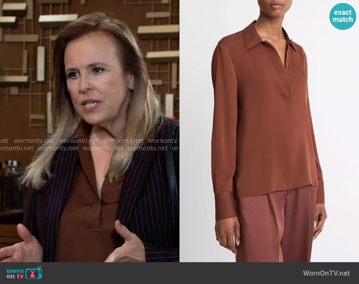 Vince Stretch-Silk Long-Sleeve Polo Blouse in Deep Rosewood worn by Laura Collins (Genie Francis) on General Hospital