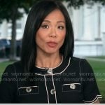 Weijia Jiang’s black scalloped-trim button-front top on CBS Mornings