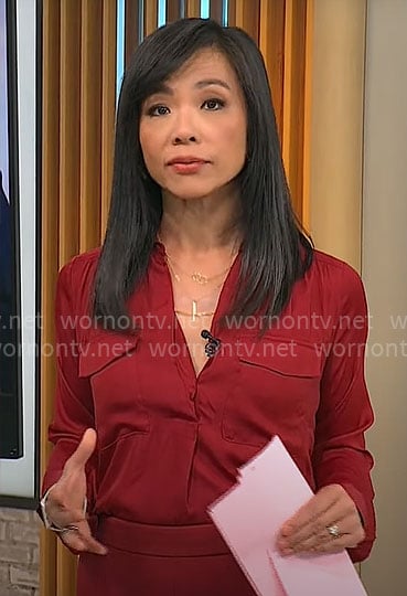 Weijia Jiang's red blouse with pockets on CBS Mornings