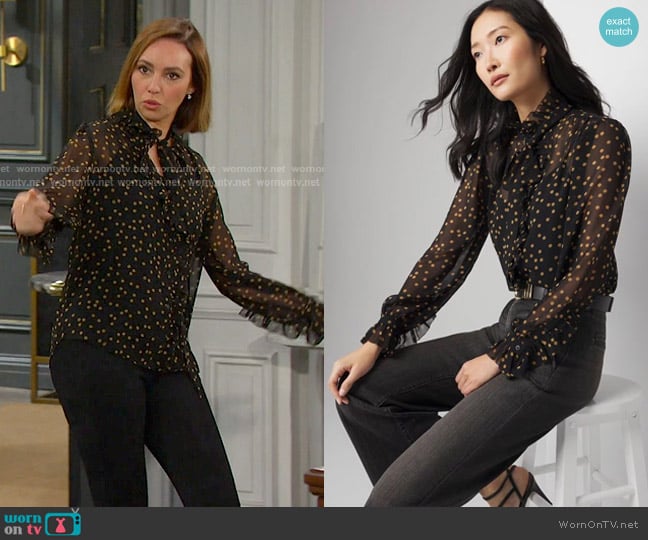 White House Black Market Chiffon Ruffle Blouse in Flash Dot Black worn by Gwen Rizczech (Emily O'Brien) on Days of our Lives