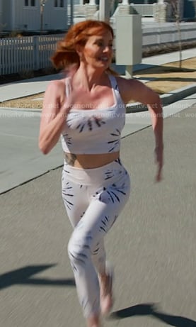 Whitney's whtie print crop top and leggings on The Real Housewives of Salt Lake City