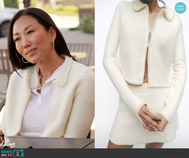Zara Pearl Knit Cardigan worn by Katie Ginella on The Real Housewives of Orange County