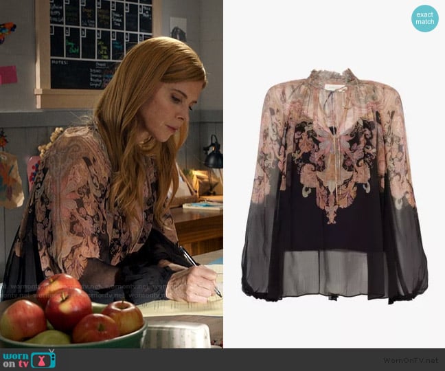 Zimmermann Billow semi-sheer woven blouse worn by Katherine Walter (Sarah Rafferty) on My Life with the Walter Boys