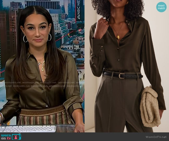 Zimmermann Hypnotic Silk-Satin Shirt in Olive worn by Morgan Radford on NBC News Daily