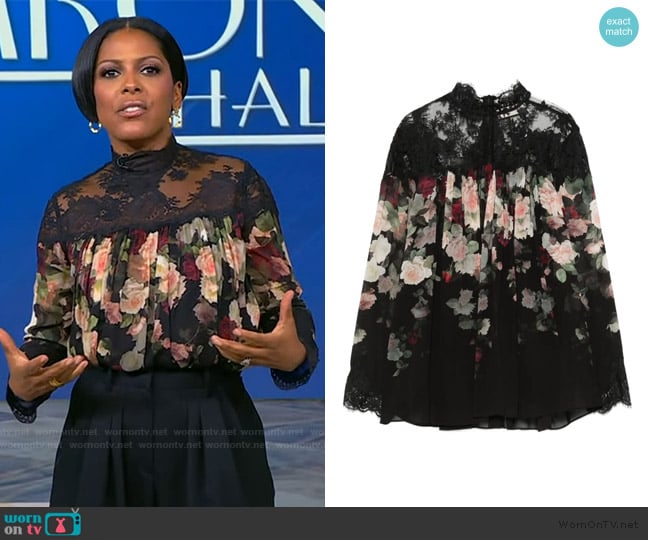 Zimmermann Lace-trimmed floral blouse worn by Tamron Hall on Tamron Hall Show