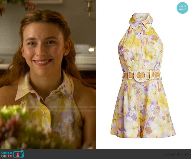 Zimmermann Pop Floral Linen Halterneck Romper worn by Amanda (Kelley Pereira) on The Runarounds