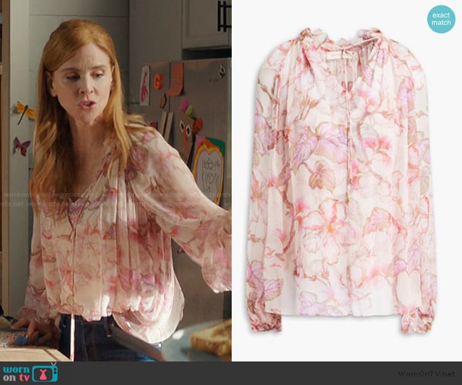 Zimmermann Ruffled Floral Print Crepon Blouse worn by Katherine Walter (Sarah Rafferty) on My Life with the Walter Boys
