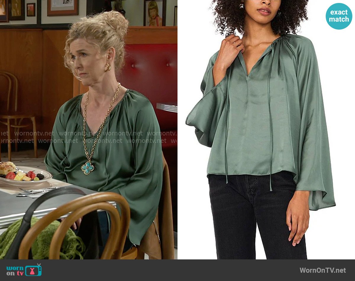 1.State Woven V-Neck Long Wide Sleeve Blouse in Dark Forest worn by Jan Morgan (Jerri Tubbs) on Beyond the Gates